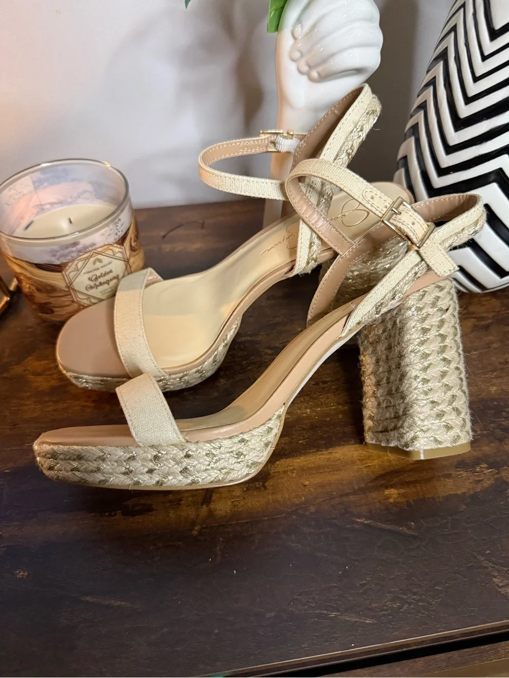 Jessica Simpson Beige Espadrille Block Heel Sandals with Ankle Strap